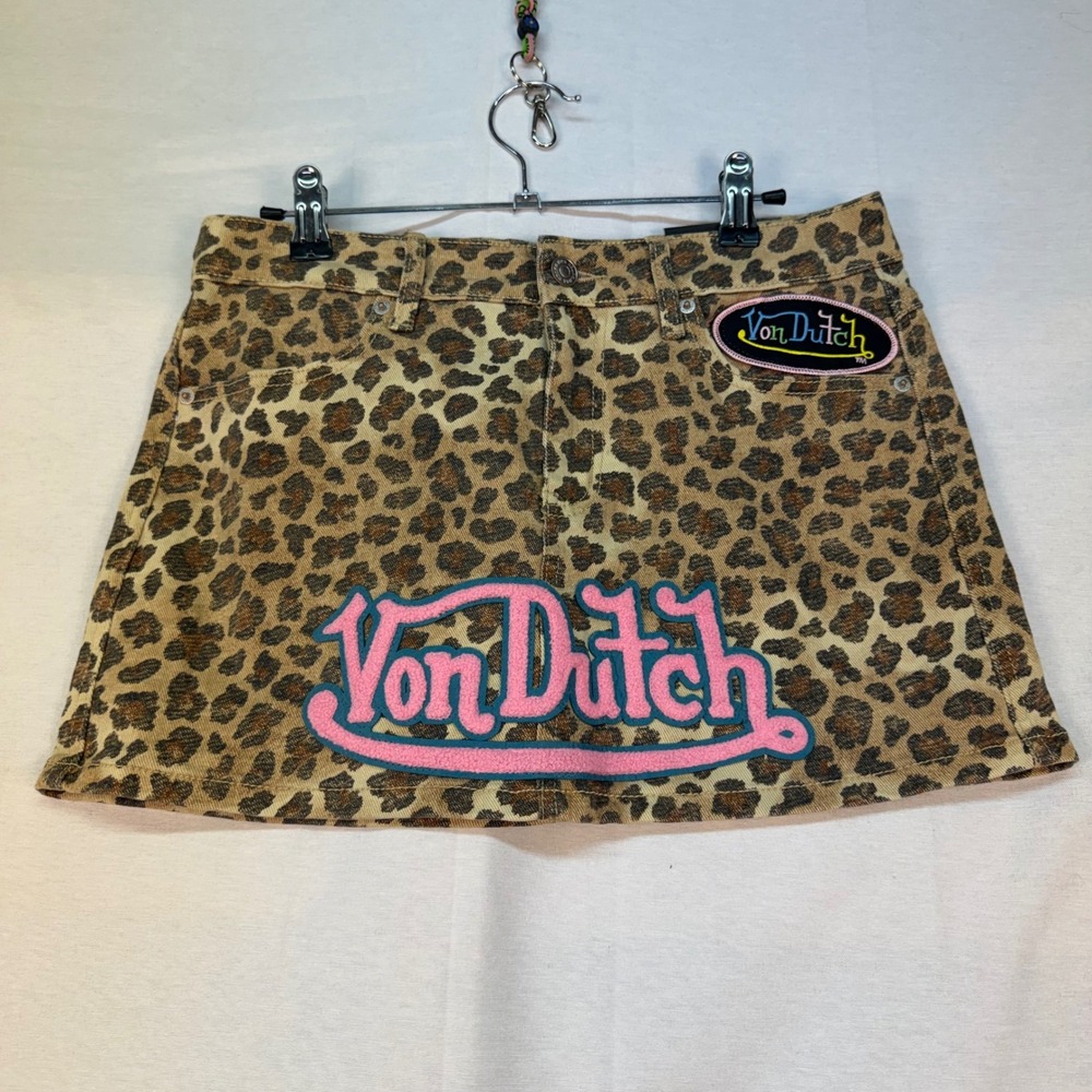 Von Dutch Leopard Print Denim Mini Skirt Pink Chenille Logo Y2K 27 VD51009BM4